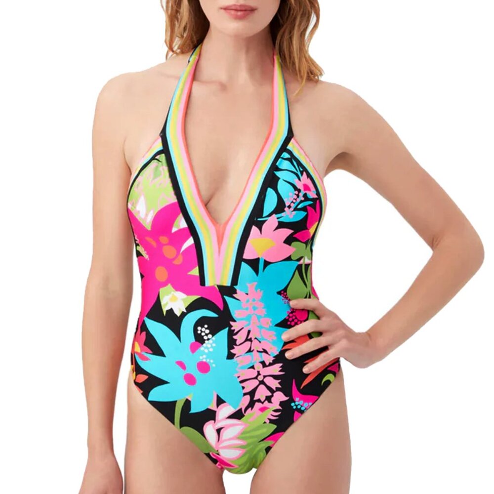 NWT Trine Turk Tiki Border Casablanca Halter Plunge One Piece Swimsuit